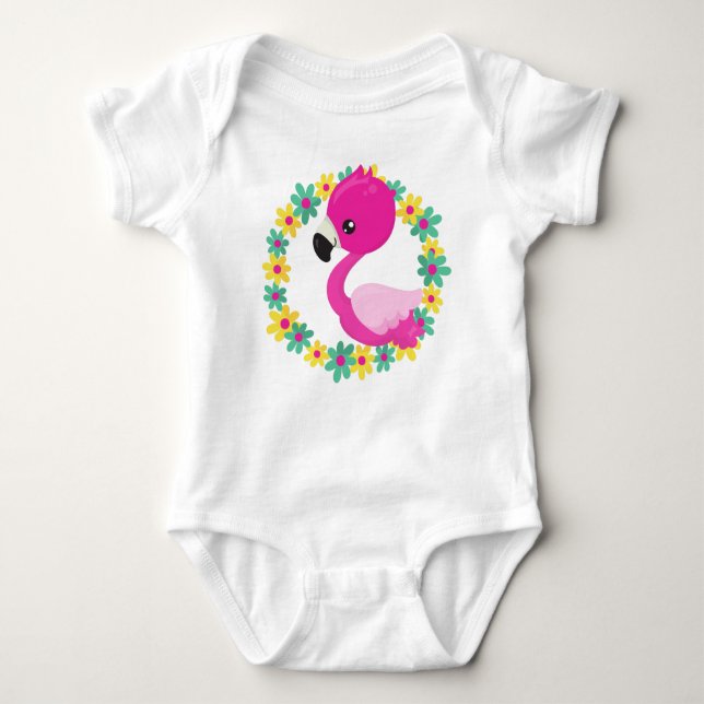 Niedlich Flamingo, Baby Flamingo, Bird, Blume Baby Strampler (Vorderseite)