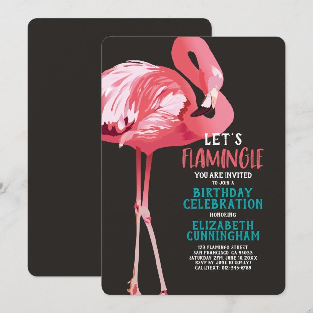 Niedlich Flamingo Tropical Let's Flamingle Geburts Einladung (Vorne/Hinten)