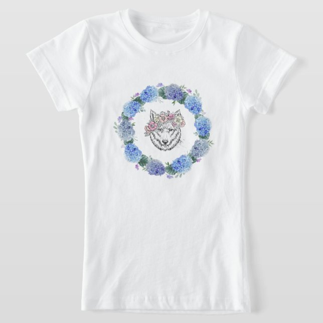 Niedlich Floral Blue Hydrangea Wolf T - Shirt (Ablage )