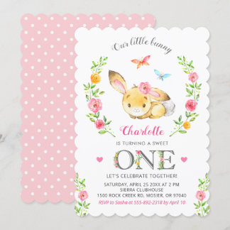 Niedlich Floral Bunny Girl 1. Geburtstagsparty Einladung