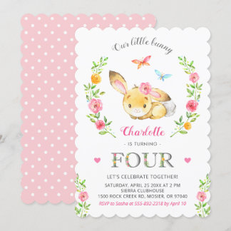 Niedlich Floral Bunny Girl 4. 4. Geburtstagsparty Einladung