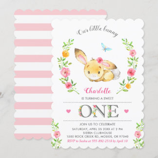 Niedlich Floral Bunny Girls 1. Geburtstagsparty Einladung