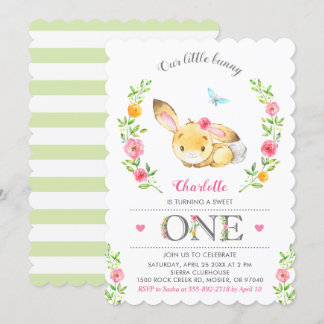 Niedlich Floral Bunny Girls 1. Geburtstagsparty Einladung