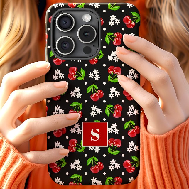Niedlich Floral Polka Dot Cherries Black Monogram Case-Mate iPhone Hülle (Von Creator hochgeladen)