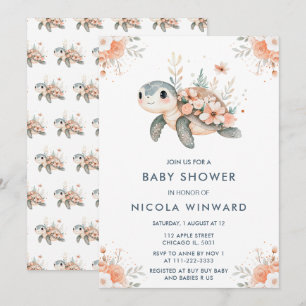 Niedlich Floral Turtle Baby Dusche Einladung