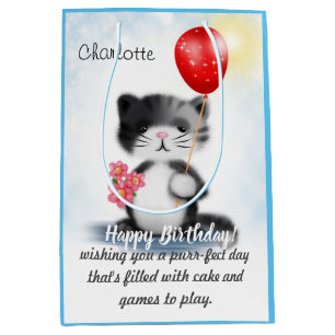Niedlich Fluffy Kitten Art Happy Birthday Gedicht Mittlere Geschenktüte