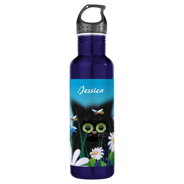 Niedlich Fluffy Kitten in Daisy Meadow Personalisi Edelstahlflasche (Vorderseite)