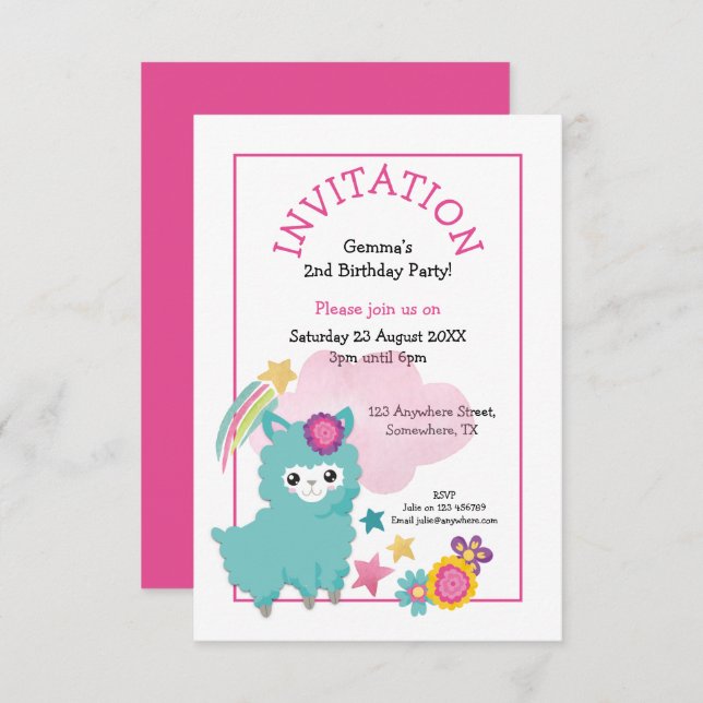 Niedlich Fluffy Llama Young Child Birthday Party P Einladung (Vorne/Hinten)