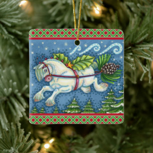 NIEDLICH FLYING CHRISTMAS PONY PULLING PINECONE SC KERAMIKORNAMENT