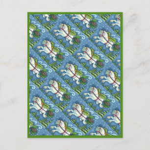 NIEDLICH FLYING CHRISTMAS PONY PULLING PINECONE SC POSTKARTE