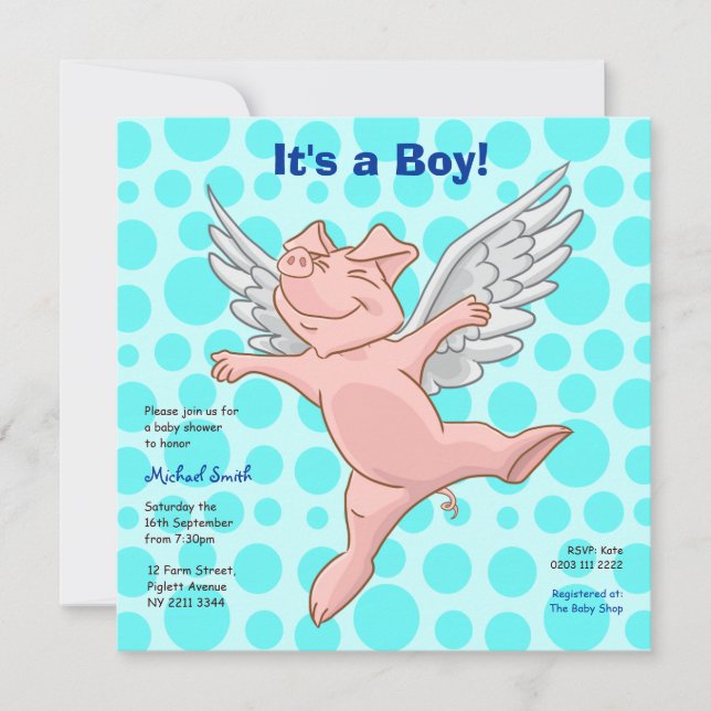 Niedlich Flying Pig Baby Dusche Party Einladung (Vorderseite)