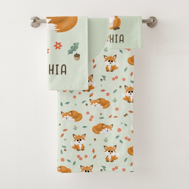 Niedlich Forest Fox Fall Monogram Kids Badhandtuch Set (Insitu)