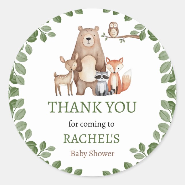 Niedlich Forest Woodland Animals Kinderdusche Dank Runder Aufkleber (Vorderseite)