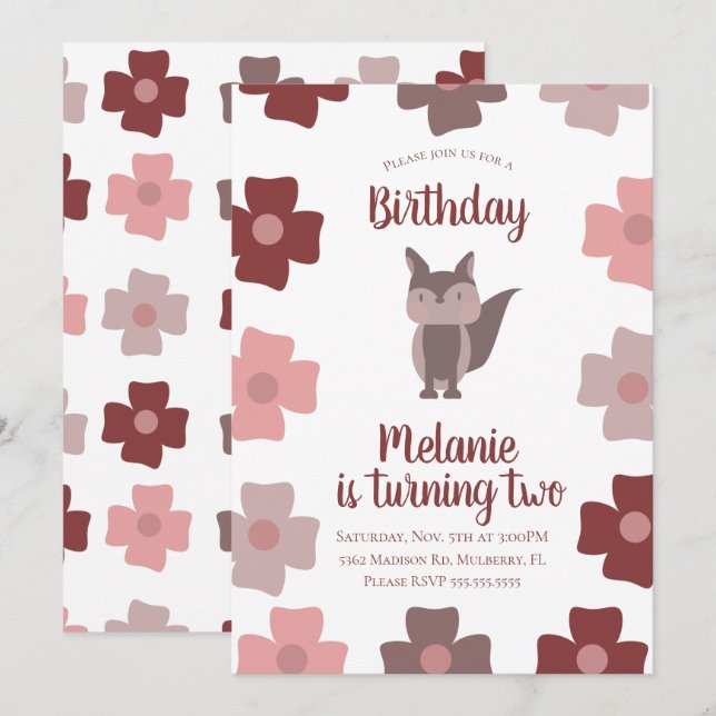 Niedlich Fox Blume Geburtstagsparty Einladung (Vorne/Hinten)