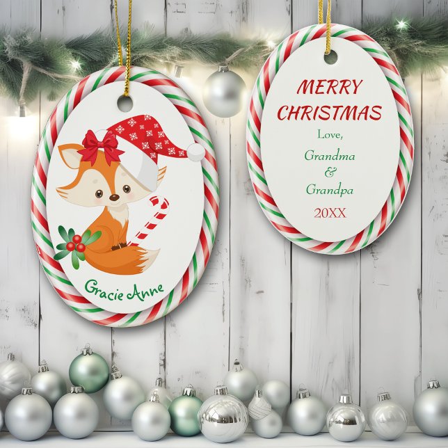 Niedlich Fox Candy Cane Frame Keramik Ornament (Von Creator hochgeladen)