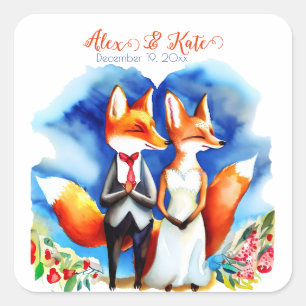 Niedlich Fox Couple Romantische Hochzeit Quadratischer Aufkleber