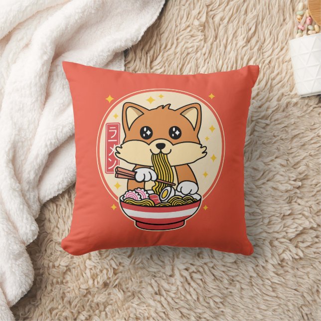 Niedlich Fox Eating Ramen Kawaii Japanisches Leben Kissen (Decke)