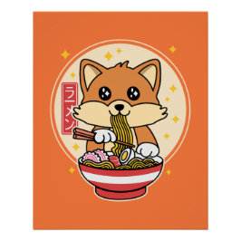 Niedlich Fox Eating Ramen Kawaii Japanisches Leben Poster