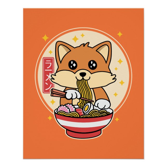 Niedlich Fox Eating Ramen Kawaii Japanisches Leben Poster (Vorderseite)