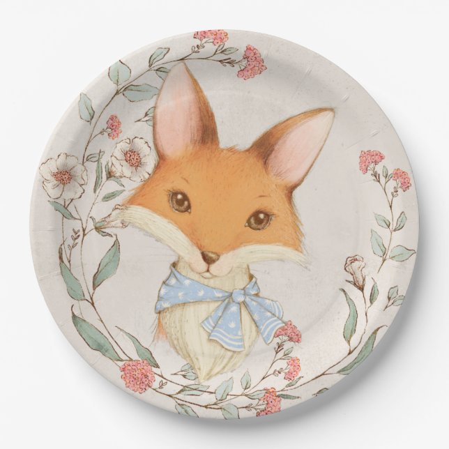 Niedlich Fox Floral Animals Blue Boy Baby Dusche Pappteller (Vorderseite)