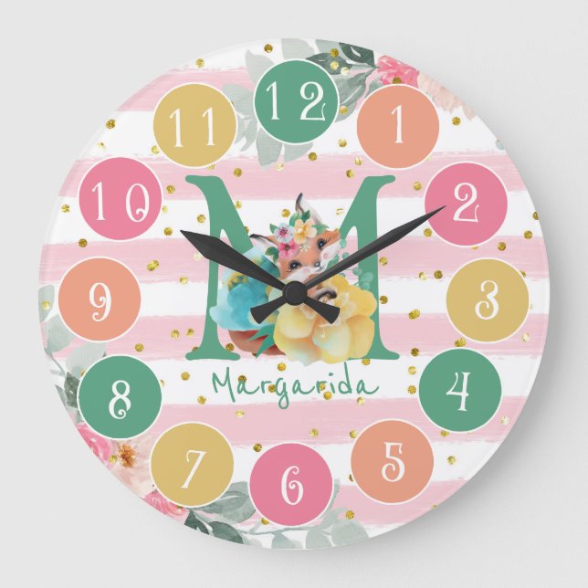 Niedlich Fox Illustration Sweet Monogram Large Clo Große Wanduhr (Vorderseite)