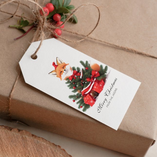 Niedlich Fox in Red Weihnachtsmannmütze Weihnachte Geschenkanhänger (Cute Fox in red Santa Hat Christmas Gift tag)