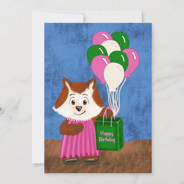 Niedlich Fox Pink Dress Balloons Happy Birthday Ge (Vorderseite)