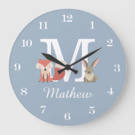 Niedlich Fox und Rabbit Baby Boy Monogram Blue Große Wanduhr