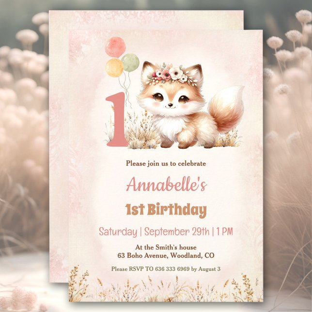Niedlich Fox Woodland Boho Pastel Girl 1. Geburtst Einladung (Cute Fox Woodland Boho Pastel Girl 1st Birthday Invitation)