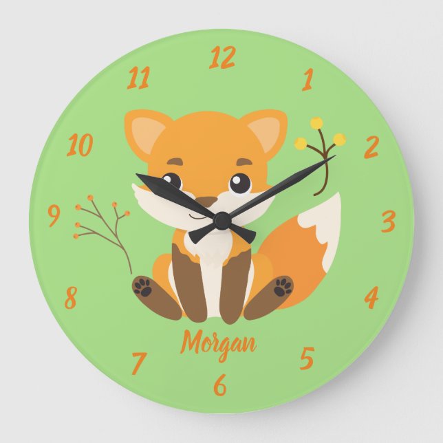 Niedlich Fox Woodland Kinderzimmer Grün und Orange Große Wanduhr (Vorderseite)