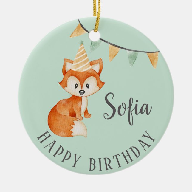 Niedlich Fox Woodland Party Happy Birthday Mint Keramik Ornament (Vorne)