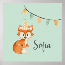 Niedlich Fox Woodland Party Happy Birthday Mint Poster