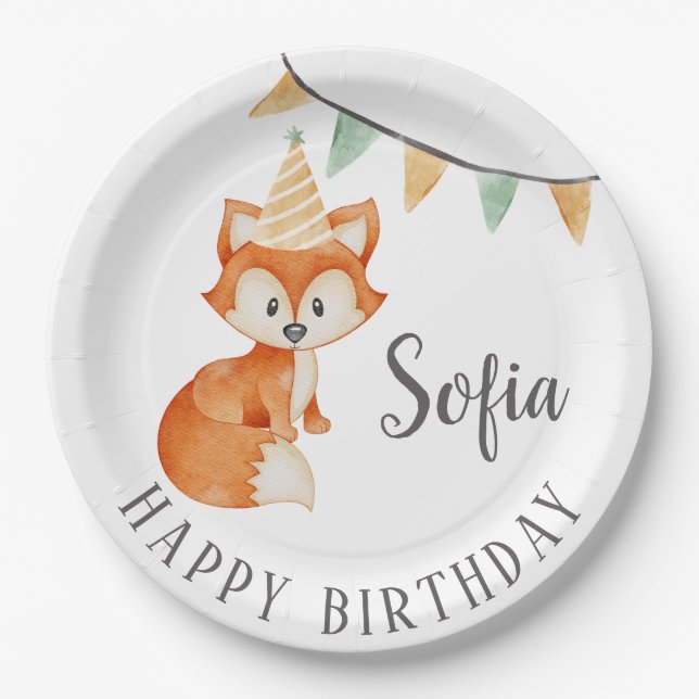 Niedlich Fox Woodland Party Happy Birthday Pappteller (Vorderseite)