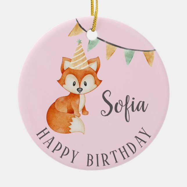 Niedlich Fox Woodland Party Happy Birthday Pink Keramik Ornament (Vorne)