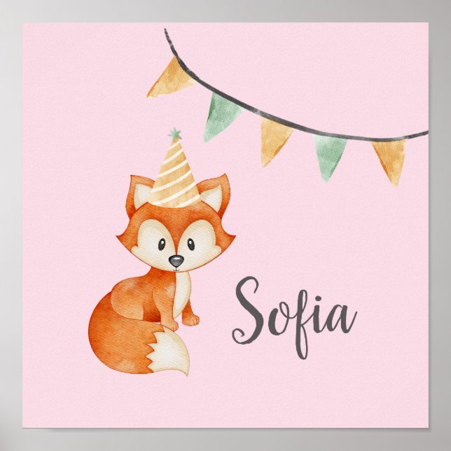 Niedlich Fox Woodland Party Happy Birthday Pink Poster (Vorne)