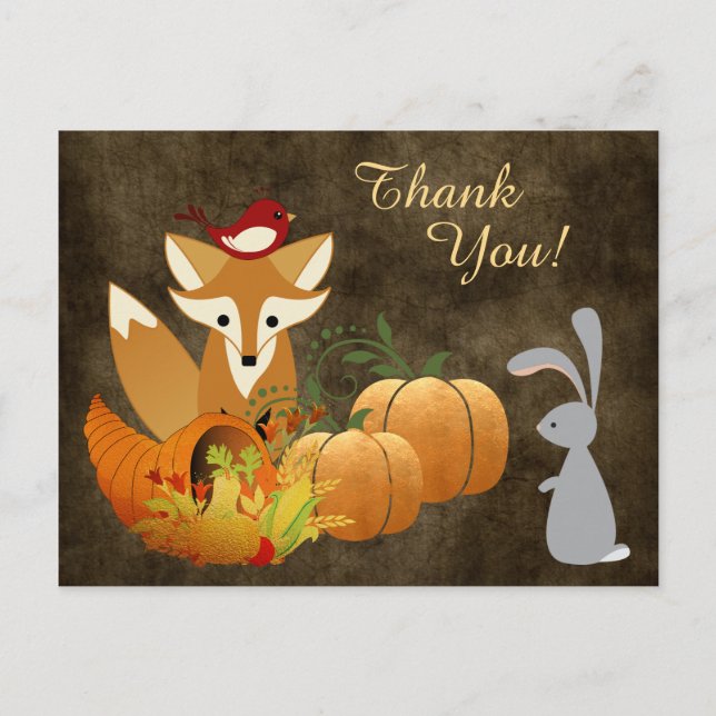 Niedlich Fox Woodland Tiere Goldener Herbst Danke Postkarte (Vorderseite)