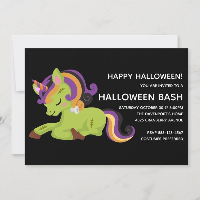 Niedlich Frankenstein Unicorn Halloween-Party Einladung (Vorderseite)