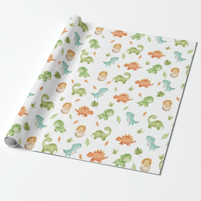 Niedlich Friendly Dinosaurs T-Rex Green Orange Blu Geschenkpapier (Ungerollt)