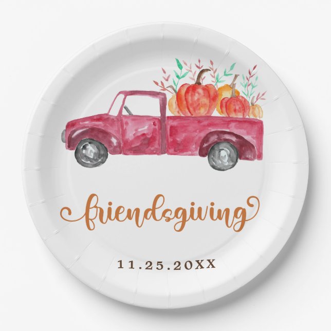 Niedlich Friendsgiving Calligrafy Red Truck Pumpki Pappteller (Vorderseite)