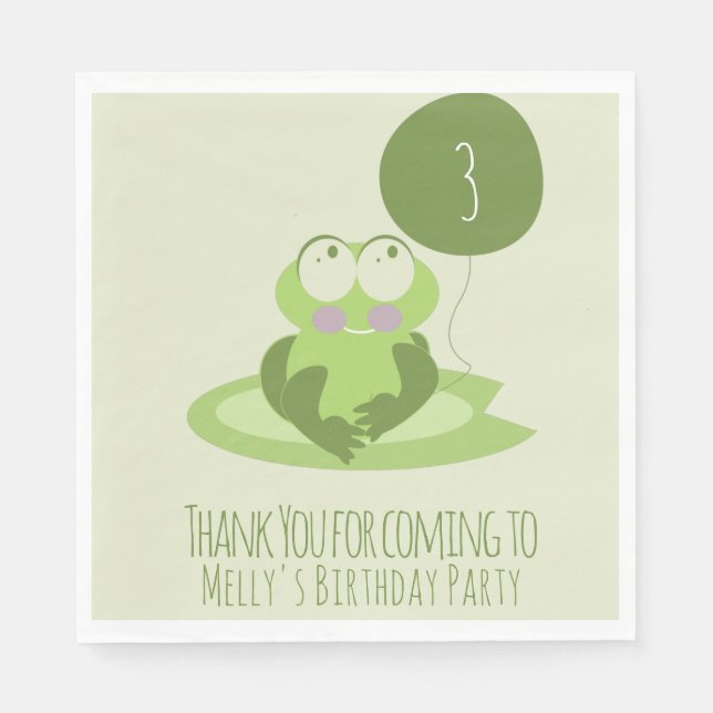 Niedlich Frog Birthday Green Ballon Danke Serviette (Vorderseite)