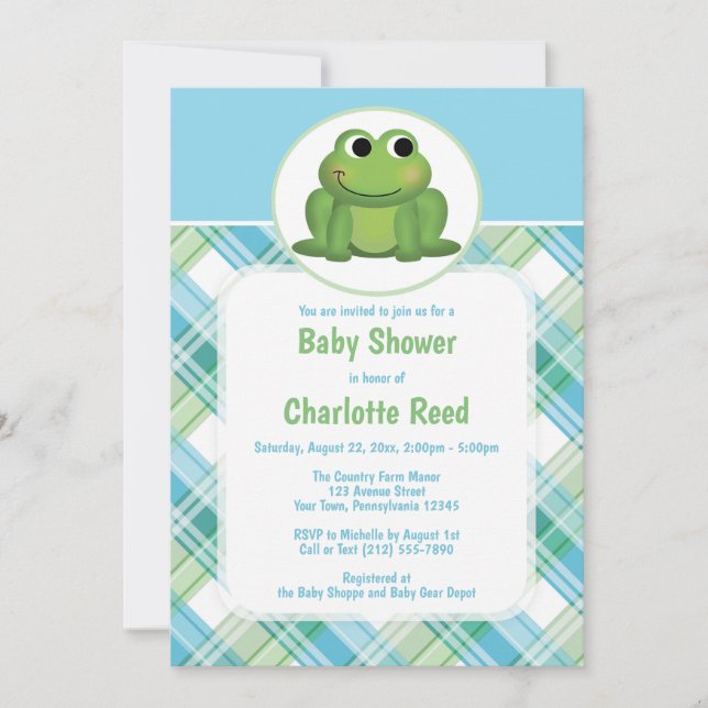 Niedlich Frog Blue Green Kariert Baby Shower Einla Einladung (Vorderseite)