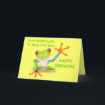 Niedlich Frog Funny Animal Kids Happy Birthday Karte<br><div class="desc">Niedlich Frog Funny Animal Kids Happy Birthday Card Grußkarte. Personalisiere es: Behalten oder Formulierung ändern oder löschen. Dieser bunt grüne, blaue und orangefarbene Cartoon Frosch winkt seiner großen Hand und Sprichwort Happy Birthday. Inside wiederholt den gleichen gelben Hintergrund und einen kleineren Frosch Bild und Wortlaut. (Wenn Sie die Wörter Happy...</div>
