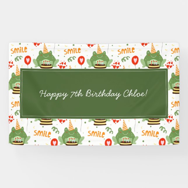 Niedlich Frog Muster Lächeln Text Happy Birthday w Banner (Horizontal)