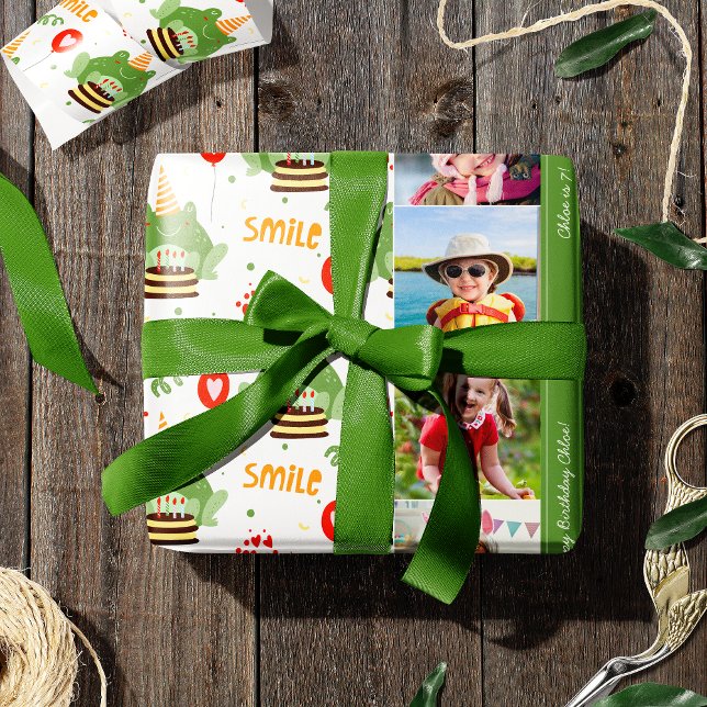 Niedlich Frog Pattern Lächeln Text Happy Birthday  Geschenkpapier (Von Creator hochgeladen)