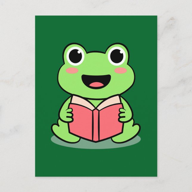 Niedlich Frog Reading Book Kawaii Postkarte (Vorderseite)