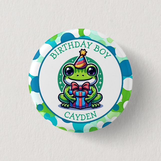Niedlich Frog Themed Boy's Birthday Boy Button (Vorderseite)