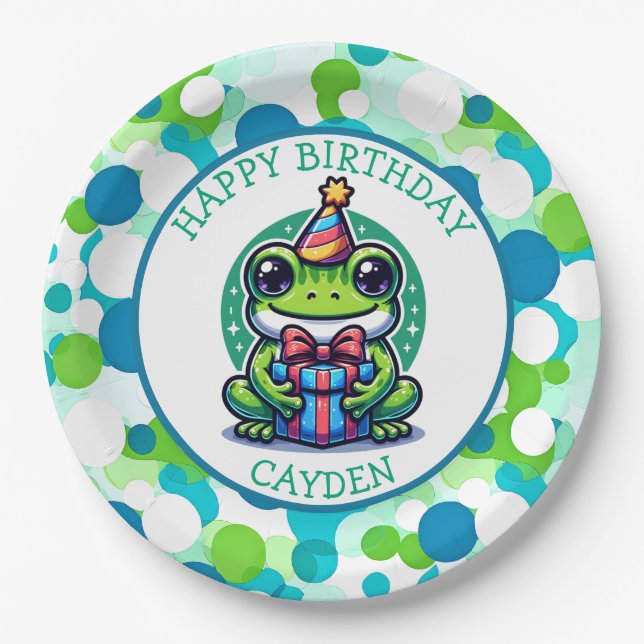 Niedlich Frog Themed Boy's Birthday Boy Foto Pappteller (Vorderseite)