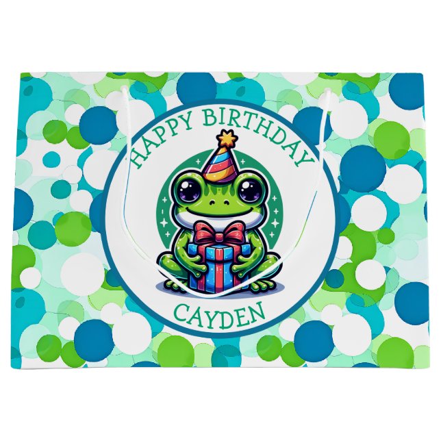 Niedlich Frog Themed Boy's Birthday Boy Große Geschenktüte (Vorderseite)