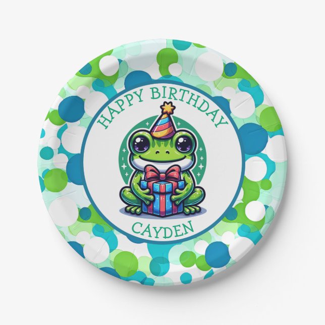 Niedlich Frog Themed Boy's Birthday Boy Pappteller (Vorderseite)