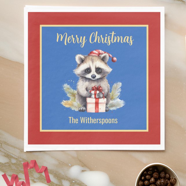 Niedlich Frohe Weihnachten Raccoon w Weihnachtsman Serviette (Von Creator hochgeladen)